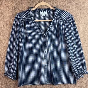 CeCe Women’s Blouse Size M Blue Black Geometric Print V-Neck Long Sleeve Top